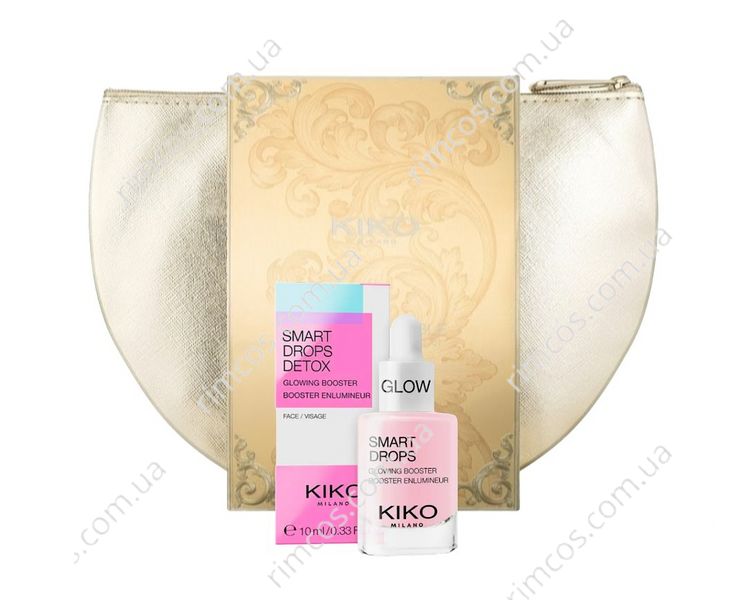 Комплект косметики Kiko Milano: сыворотка против тусклой кожи Smart Glow Drops + косметичка  Joyful Holiday Golden Dust Clutch SGD3 фото