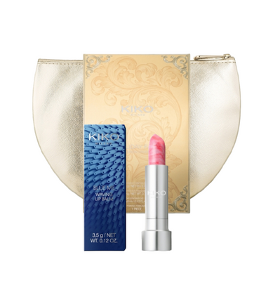 Комплект косметики Kiko Milano: бальзам для губ Blue Me Waving Lip Balm + косметичка  Joyful Holiday Golden Dust Clutch BMLB09R фото