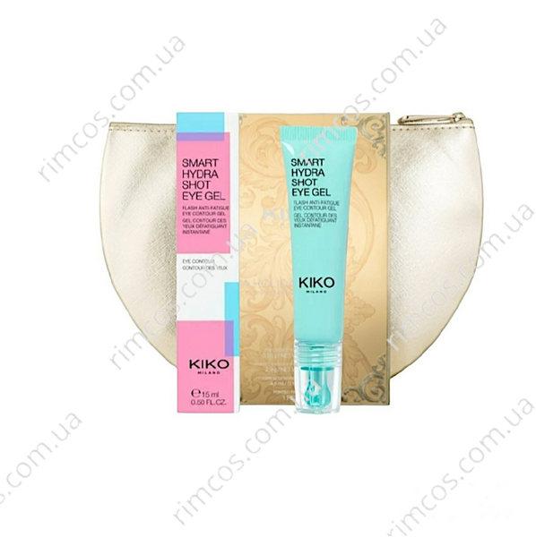 Комплект косметики Kiko Milano: увлажняющий гель под глаза Smart Hydra Shot Eye Gel + косметичка  Joyful Holiday Golden Dust Clutch SHSEG9 фото